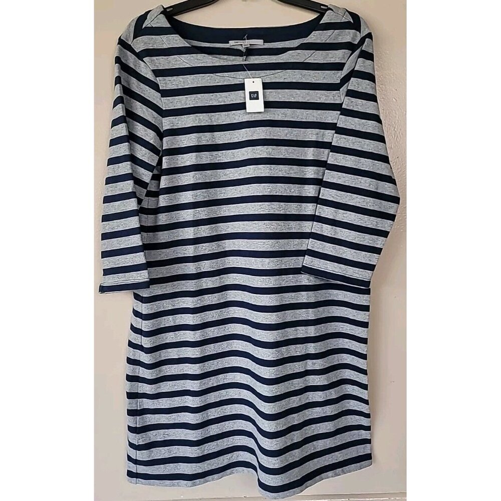 Gap Tunic T-Shirt Dress SzLP Blue Grey Striped Knee Length 3/4 Sleeve 100%Cotton